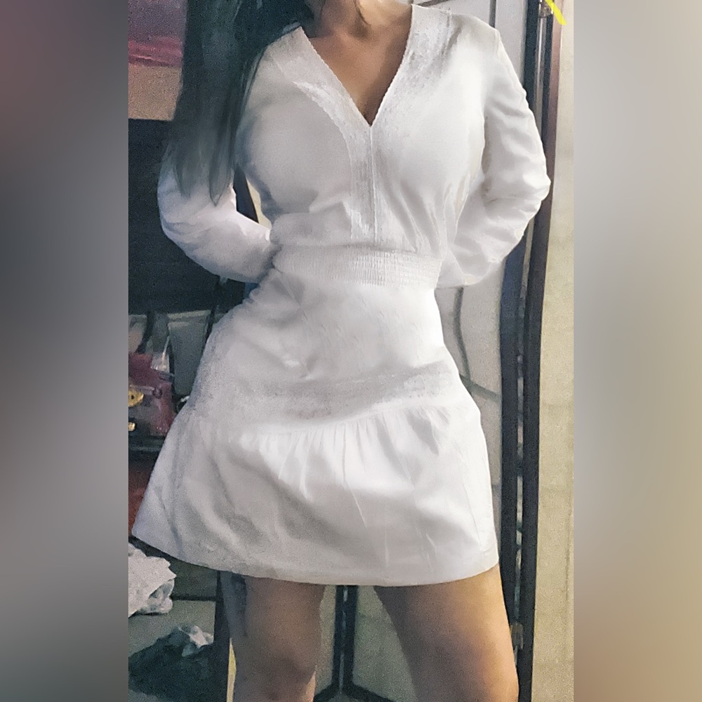 Michael Kors All white, linen, cinched waist, embroidered V-neck midi dress.